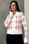 Women's Colorful Diamond Patterned White Knit Cardigan with Gold Pearl Detail and Buttons - 3