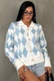 Women's Colorful Diamond Patterned White Knit Cardigan with Gold Pearl Detail and Buttons - 3