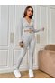 Lena Women's V-Neck Ribbed Cropped Camisole Blouse Lycra Long Sleeve Top High Waist Leggings Set - 5