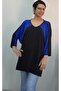 Black V-Neck Indigo Color-Blocked Batwing Three-Quarter Sleeve Combed Viscose T-Shirt - 5