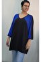 Black V-Neck Indigo Color-Blocked Batwing Three-Quarter Sleeve Combed Viscose T-Shirt - 6