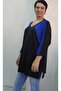 Black V-Neck Indigo Color-Blocked Batwing Three-Quarter Sleeve Combed Viscose T-Shirt - 2