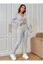 Lena Women's V-Neck Ribbed Cropped Camisole Blouse Lycra Long Sleeve Top High Waist Leggings Set - 6