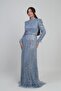Women's Long Dress with Feather Sleeves, Beaded and Sequined Lining, Tulle