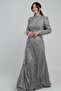 Women's Long Dress with Feather Sleeves, Beaded and Sequined Lining, Tulle
