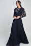 Women's Floral Belt Detailed Sequin Lined Chiffon Long Dress