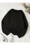 Basic Plain Sweatshirt - Black Oversize Ruffled Crew Neck