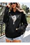 3 Thread Zipper Cat Sweatshirt - Black Printed Oversize Hooded Hoodie - 6