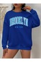 Brooklyn Letter Winter Thick Sweatshirt - Sax Blue Printed Oversize Ribbed Crew Neck