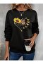 3 Thread Sunflower Butterflies Sweatshirt - Black Printed Oversize Crew Neck - 3