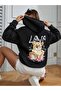 Love Bear Winter Thick Sweatshirt - Black Printed Oversize Shawl Hooded