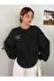 Satisfactory Sweatshirt - Black Printed Oversize Ribbed Crew Neck