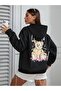 Love Bear Winter Thick Sweatshirt - Black Printed Oversize Shawl Hooded - 5