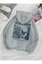 3 İplik Joy of Freedom Sweatshirt - Gray Printed Oversize Hoodie