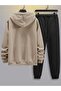 Paris Beige Sweatshirt Hooded Black Jogger Bottom Top Tracksuit Set - Printed Oversize Elastic Legs - 2