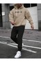 Paris Beige Sweatshirt Hooded Black Jogger Bottom Top Tracksuit Set - Printed Oversize Elastic Legs