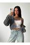 Women's Knitwear V-Neck Crop t Sleeve Soft Openwork Buttoned Loose Trendy Knit Cardigan Anthracite - 2