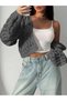Women's Knitwear V-Neck Short Crop t Sleeve Comfortable Openwork Buttoned Loose Trendy Knit Cardigan Anthracite - 4