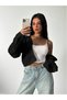 Women's Knitwear V-Neck Crop t Sleeve Soft Openwork Buttoned Loose Trendy Knit Cardigan Black - 2