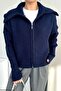 Navy Blue Thick Thessaloniki Zippered Cardigan - 220145