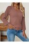 Womens Knit Sweater Cinnamon V-Neck Lace-Like Knit Chic Patterned Long Sleeve Fashion - 2