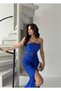 Cobalt Blue Strapless Waist Detailed Sequin Evening Dress - 4