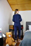 Women's 100% Cotton Combed Cotton Front Buttoned Long Sleeve Pajama Set Navy Blue - 6