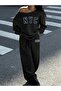 Black NYC Printed Loose Asymmetrical-Collar Sweatshirt/ Wide Leg/Wide-Leg Bottom Tracksuit Set - 4