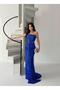 Cobalt Blue Strapless Waist Detailed Sequin Evening Dress - 2