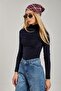Women's Stand Collar Gathered Front Blouse - Navy Blue - 2