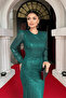 Sequin Sequin Fabric Drawstring Detail Evening Dress - Zimrute Green - 4