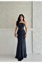 Navy Blue Strapless Waist Detail Sequin Evening Dress - 2