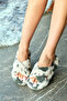 Women's Water Green Patterned Plush Cross House Slippers - 3