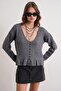 6954 Women's Ruffle Detailed V-Neck Knit Sweater Anthracite - 3