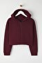 Bordo Fermuarlı Kapüşonlu Rahat Kesim Crop Kalın İçi Polarlı Örme Sweatshirt TWOAW20SW0660 - 5