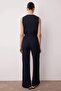 Koyu Lacivert Yüksek Bel Wide Leg/Geniş Paça Pilili Dokuma Kumaş Pantolon TWOAW21PL0076 - 5