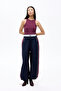 Ribbed Stripe Detail Wide Leg Trousers Navy Blue - 3