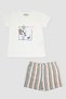 Girl's Stripe Patterned Ecru Pajama Set