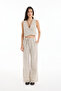 Stripe Patterned Ankle Detailed Palazzo Linen Trousers Natural