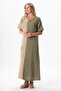Half Sleeve V-Neck Leaf Printed Long Muslin Summer Dress Mink/Khaki Vzn/Hk - 5