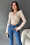Women's Double Breasted Collar Long Sleeve Crop Blouse with Tie Detail Beige