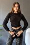 Women's Crew Neck Drape Detailed Long Sleeve Blouse Black