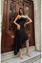 Women's Asymmetrical Cut Skirt, Flounced Thin Strap Long Dress, Black - 6