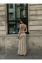 Women's Strappy Window Detail Double Slit Long Dress Beige - 7
