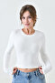 Women's Lycra Fabric Crop Cut Long Sleeve Crew Neck White Crop Blouse 12973 - 8