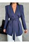 Navy Blue Elegant Belted Jacket - 7308 - 4
