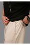 Men's Beige Baggy Cut Pique Fabric Waist Elastic Pocket Detailed Trousers Sweatpants - 4