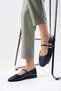 Camille Navy Blue Women's Ballerina Shoes with Side Buckle - 6