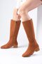 Briony Tan Color Suede Side Zipper, Thin Faux Fur Lining Blunt Toe Women's Heeled Boots - 6