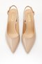 Women's Beige Patent Leather Office and Invitation Pointed Toe Thick Gold Heeled Shoes - 3